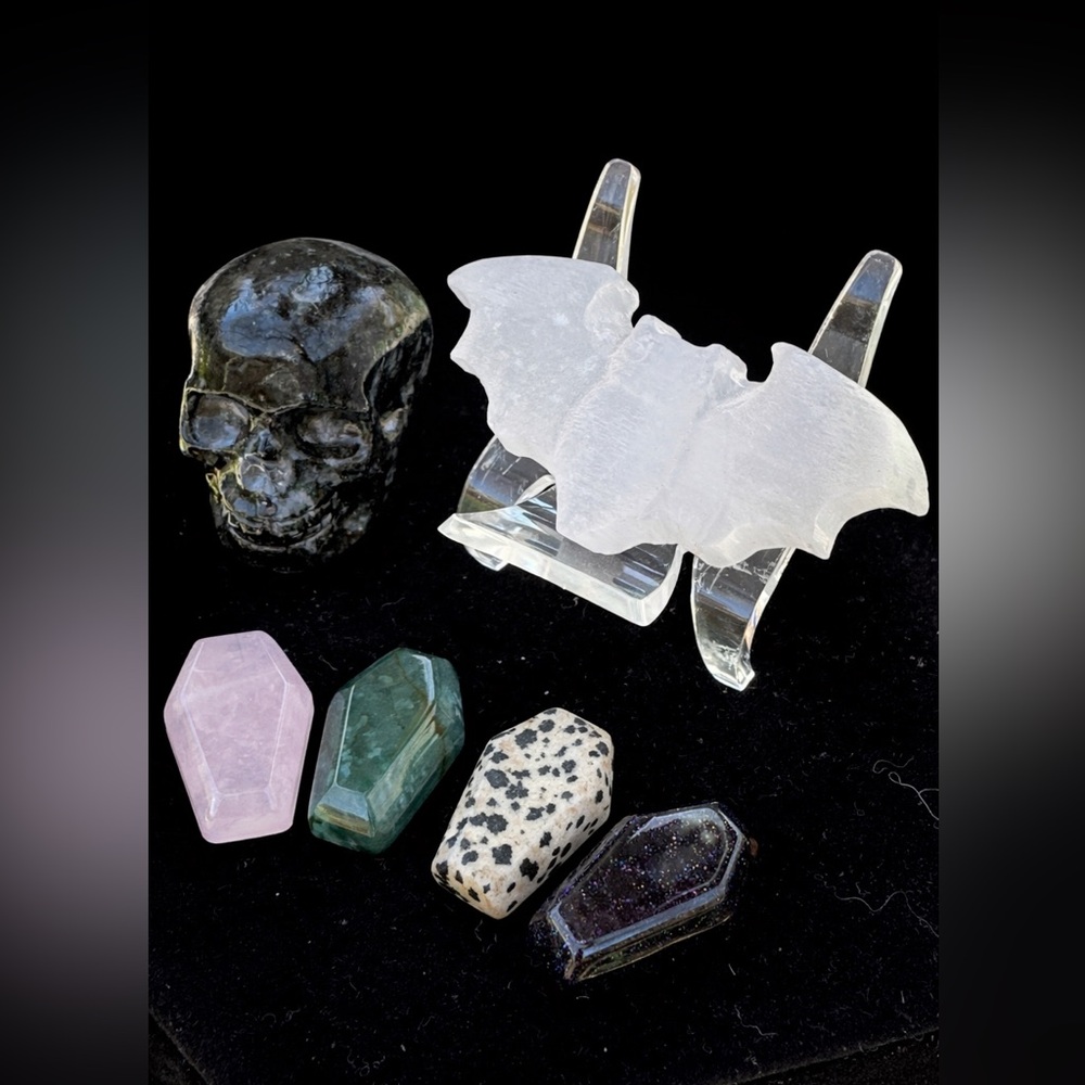 Selenite Bat Crystal, Larvakite Skull. Coffins. Halloween Bundle.